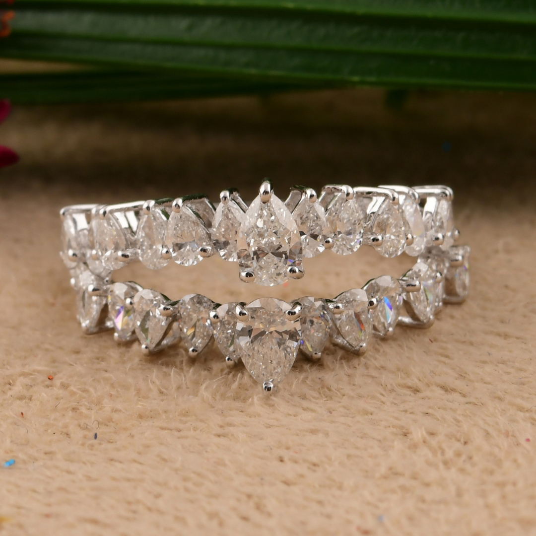 Certified 2.04 Carat Pear Cut Natural Diamond Half Eternity Gold Ring