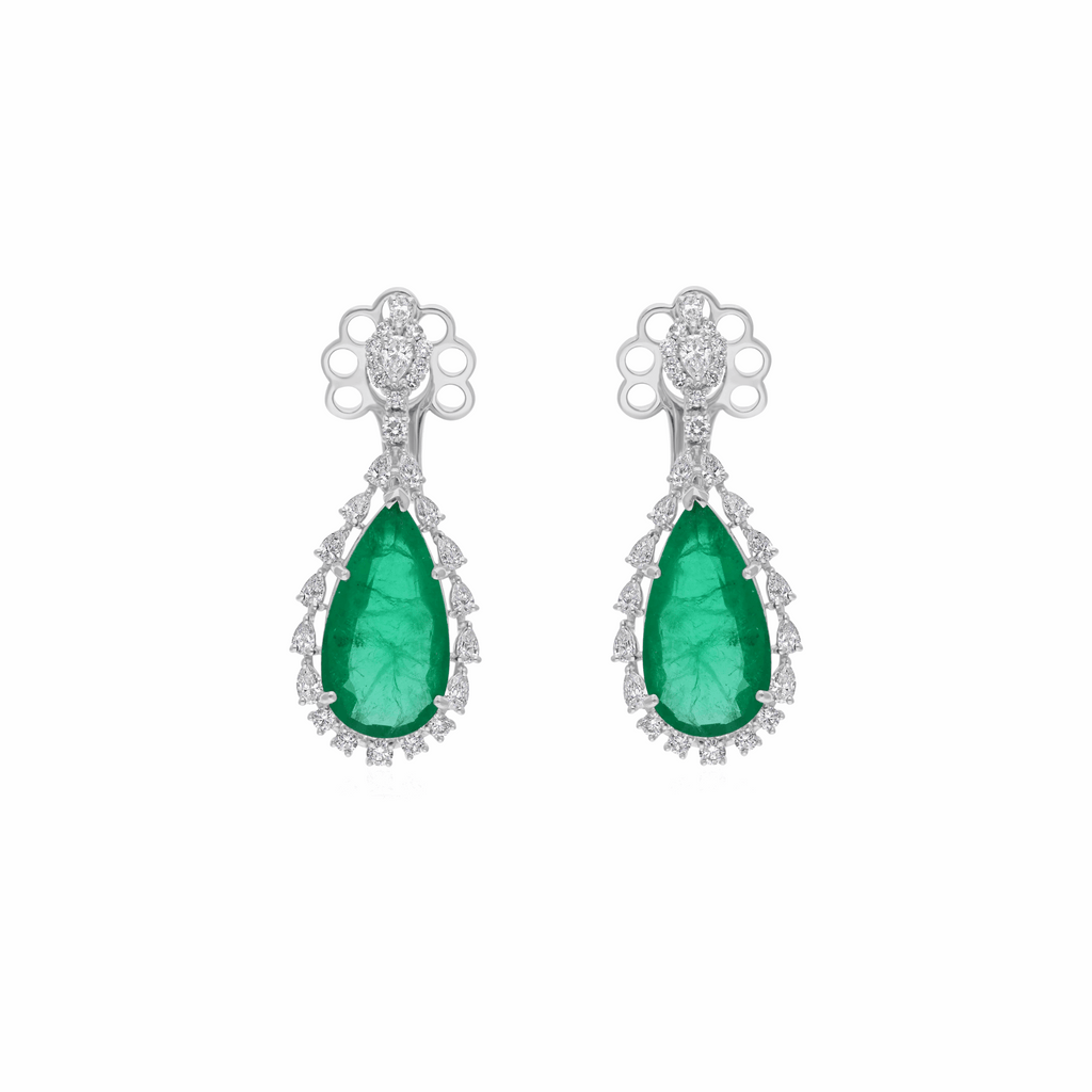 18K Gold Pear Shape Emerald and Diamond Drop Earrings
