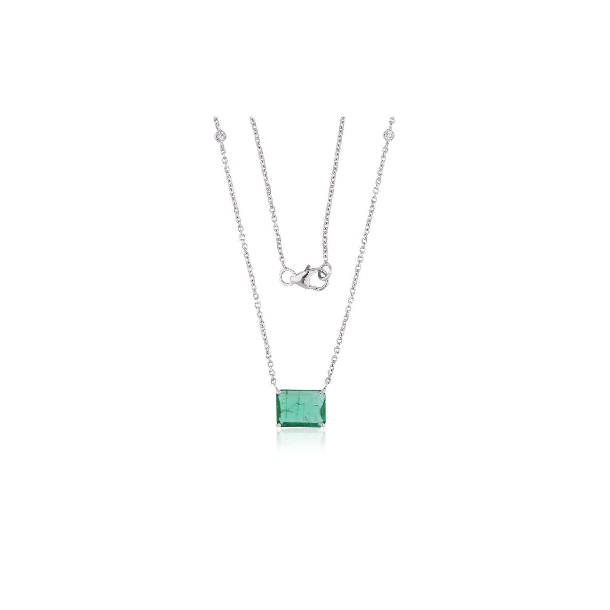 Solid Gold Octagon Cut Zambian Emerald Diamond Pendant Necklace