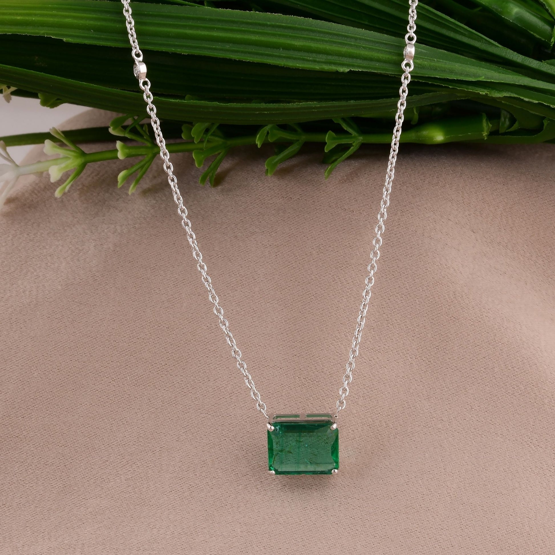 Solid Gold Octagon Cut Zambian Emerald Diamond Pendant Necklace