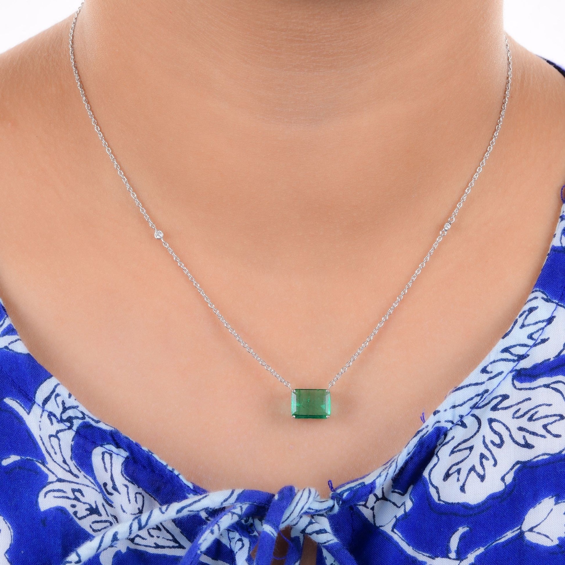 Solid Gold Octagon Cut Zambian Emerald Diamond Pendant Necklace