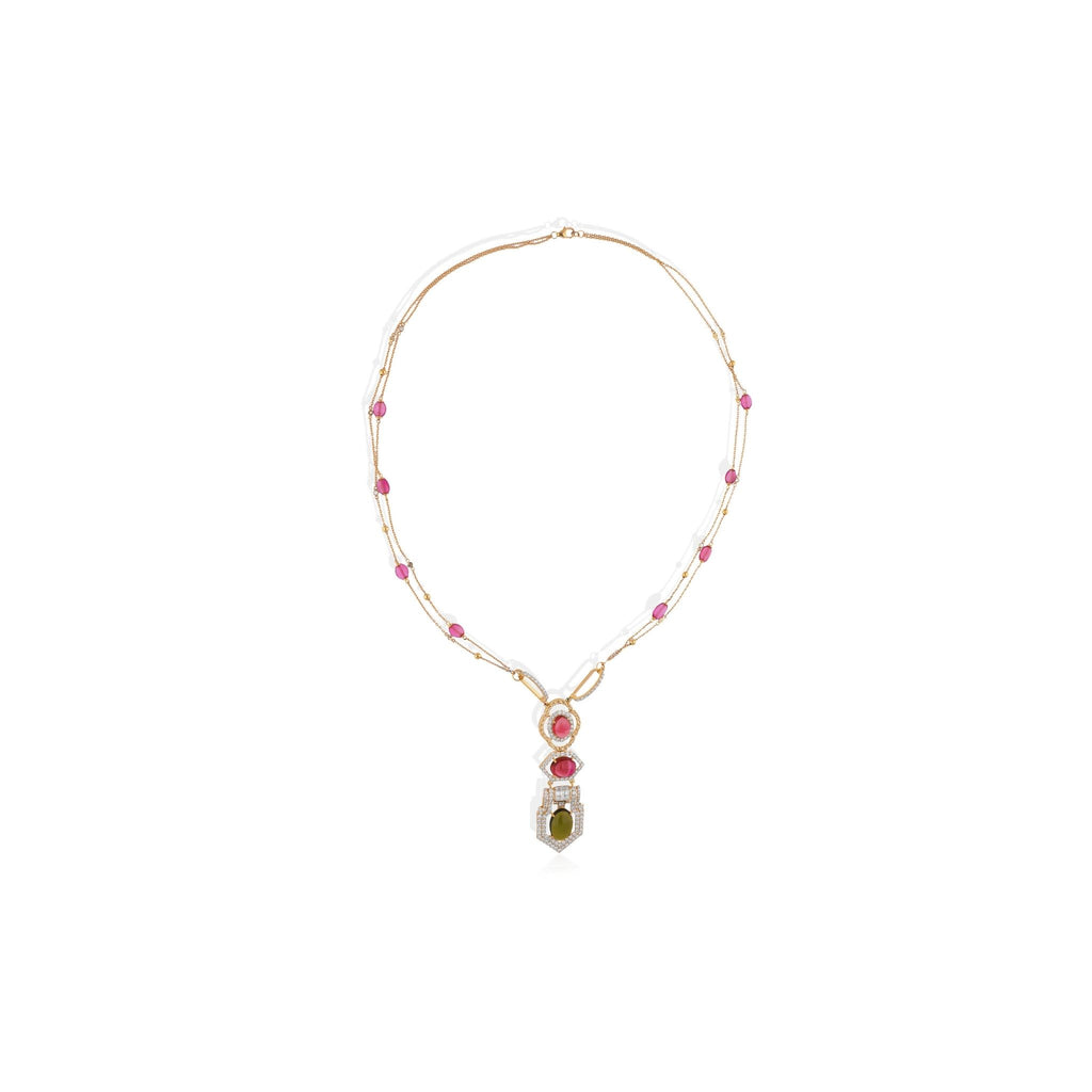 Multi Tourmaline Gemstone H/SI Diamond Pendant Beaded Gold Necklace