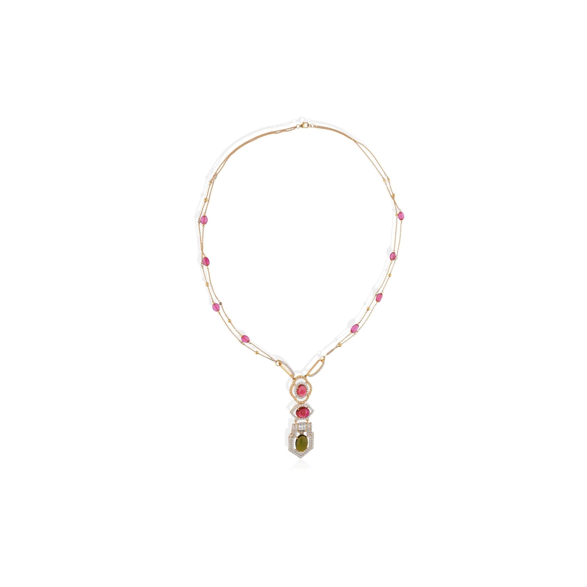 Multi Tourmaline Gemstone H/SI Diamond Pendant Beaded Gold Necklace