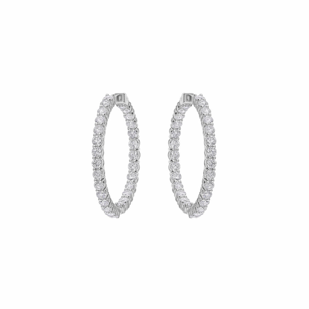 18K Gold Prong Set Round Diamond Hoop Earrings
