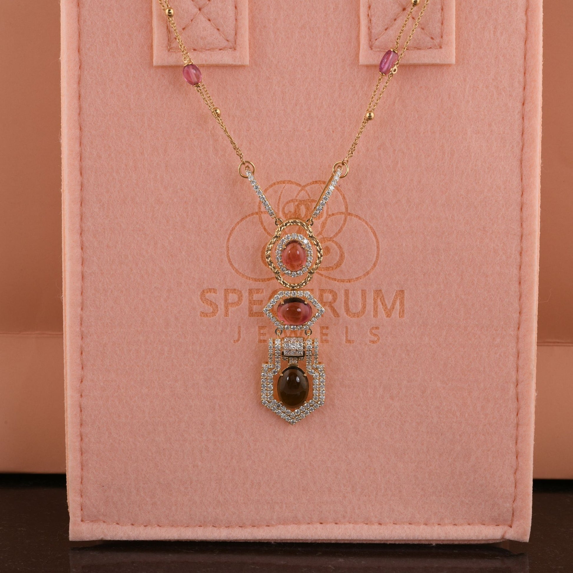Multi Tourmaline Gemstone H/SI Diamond Pendant Beaded Gold Necklace
