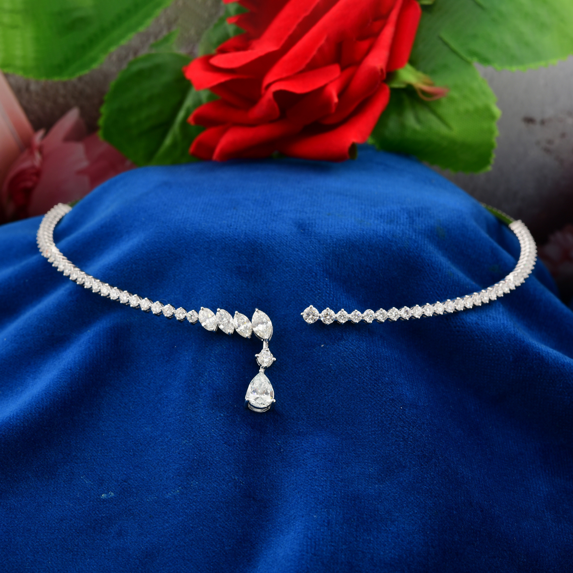 5.63 Carat Diamond Cuff Collar Gold Necklace with Teardrop Pendant
