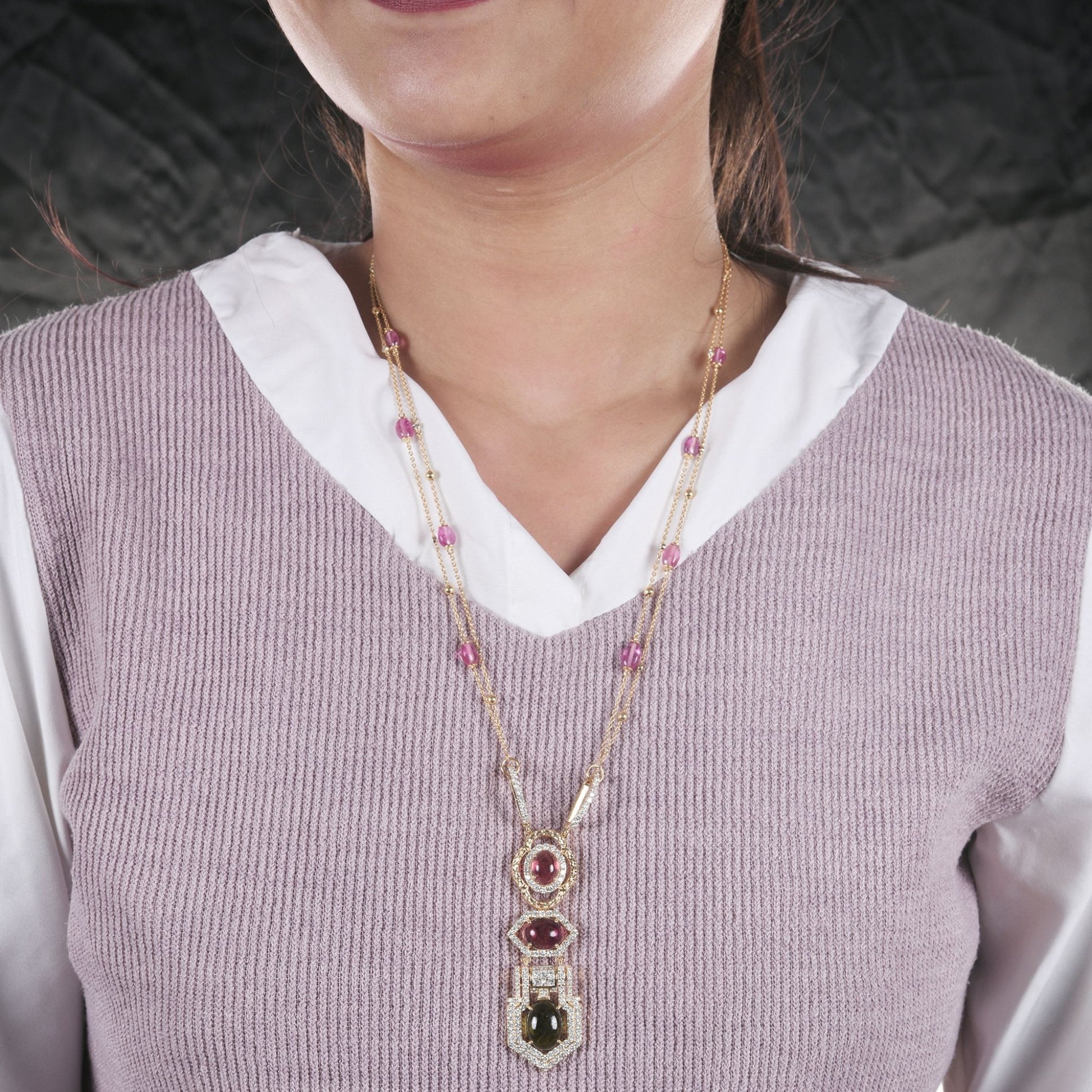 Multi Tourmaline Gemstone H/SI Diamond Pendant Beaded Gold Necklace