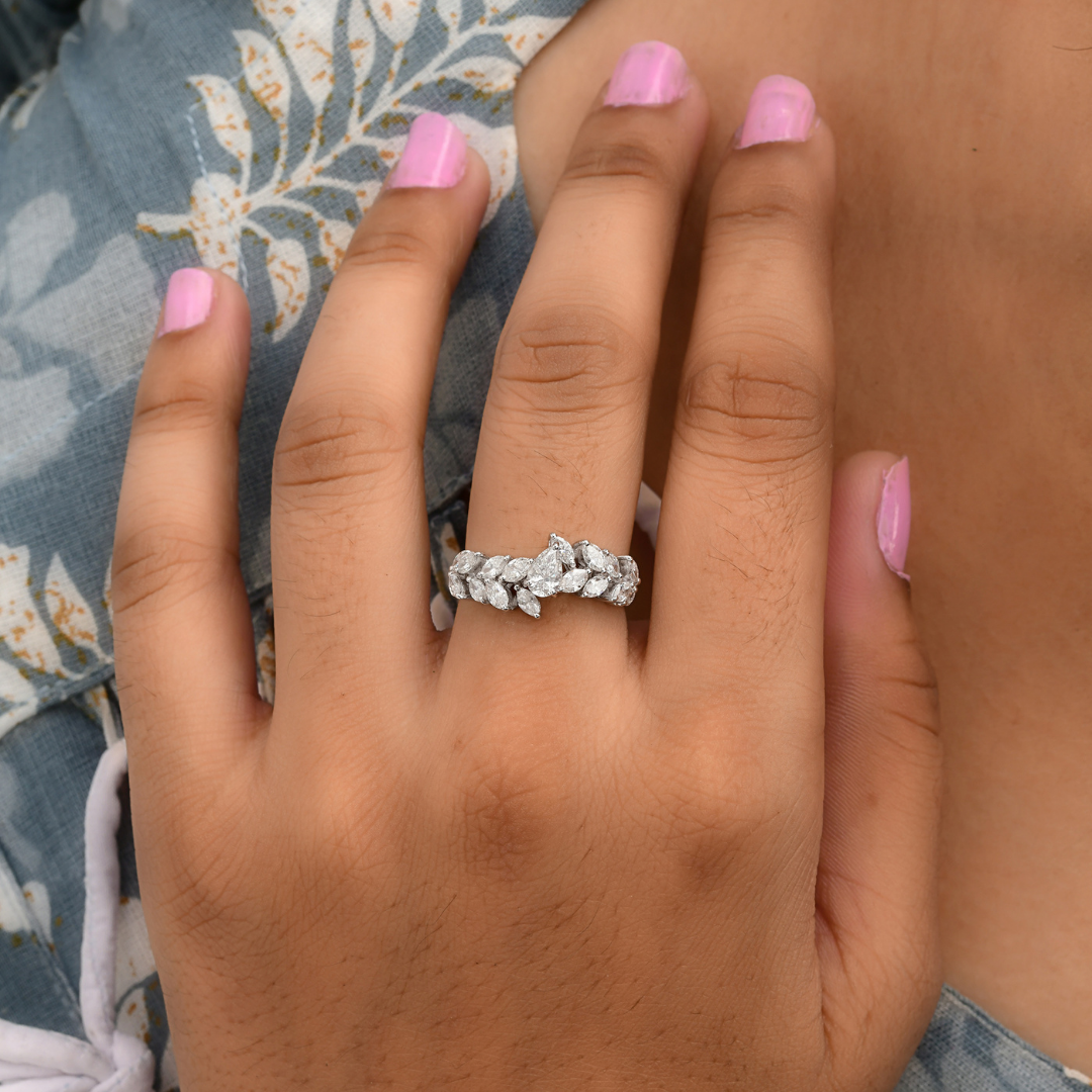 Handcrafted Fine 1.16 Carat SI/H Natural Marquise Pear Cut Diamond Band Ring