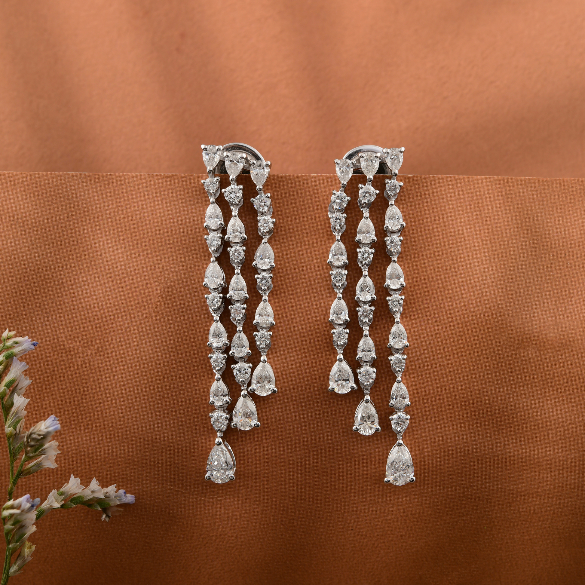 White Gold Three-Strand Diamond Dangle Earrings in 18k Gold