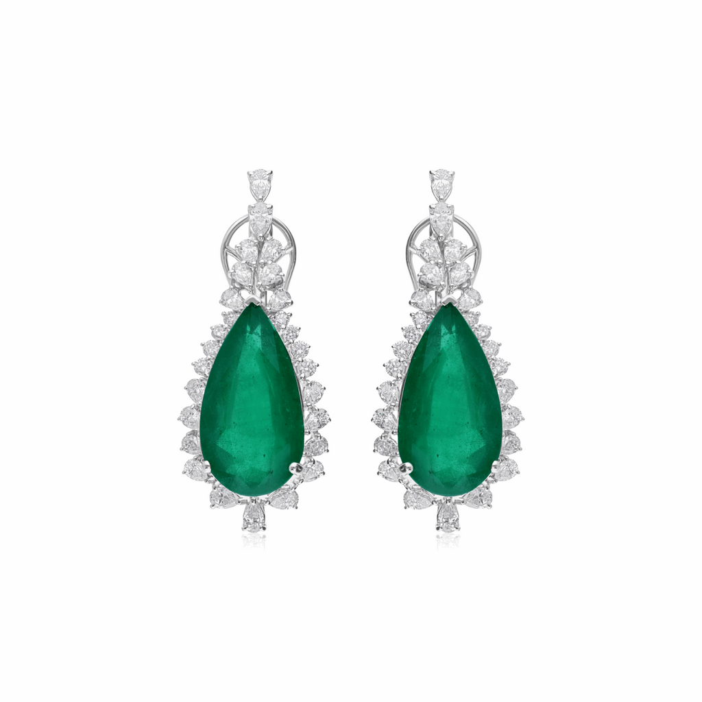 18K Gold Earrings with Emerald Center & Diamond Surround 21.52 Tcw