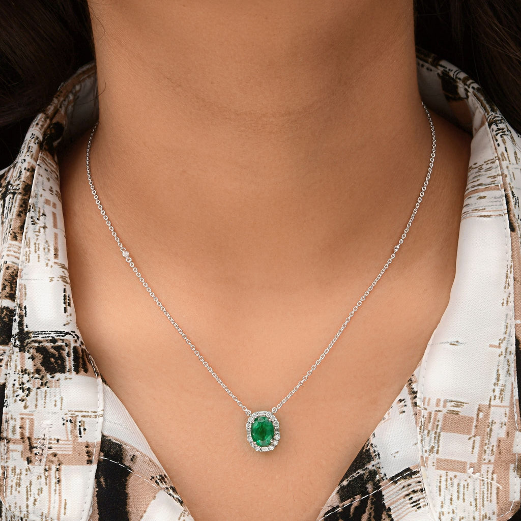 2.10 Tcw Real Zambian Emerald Pendant 18k Gold H/SI Diamond Chain Necklace