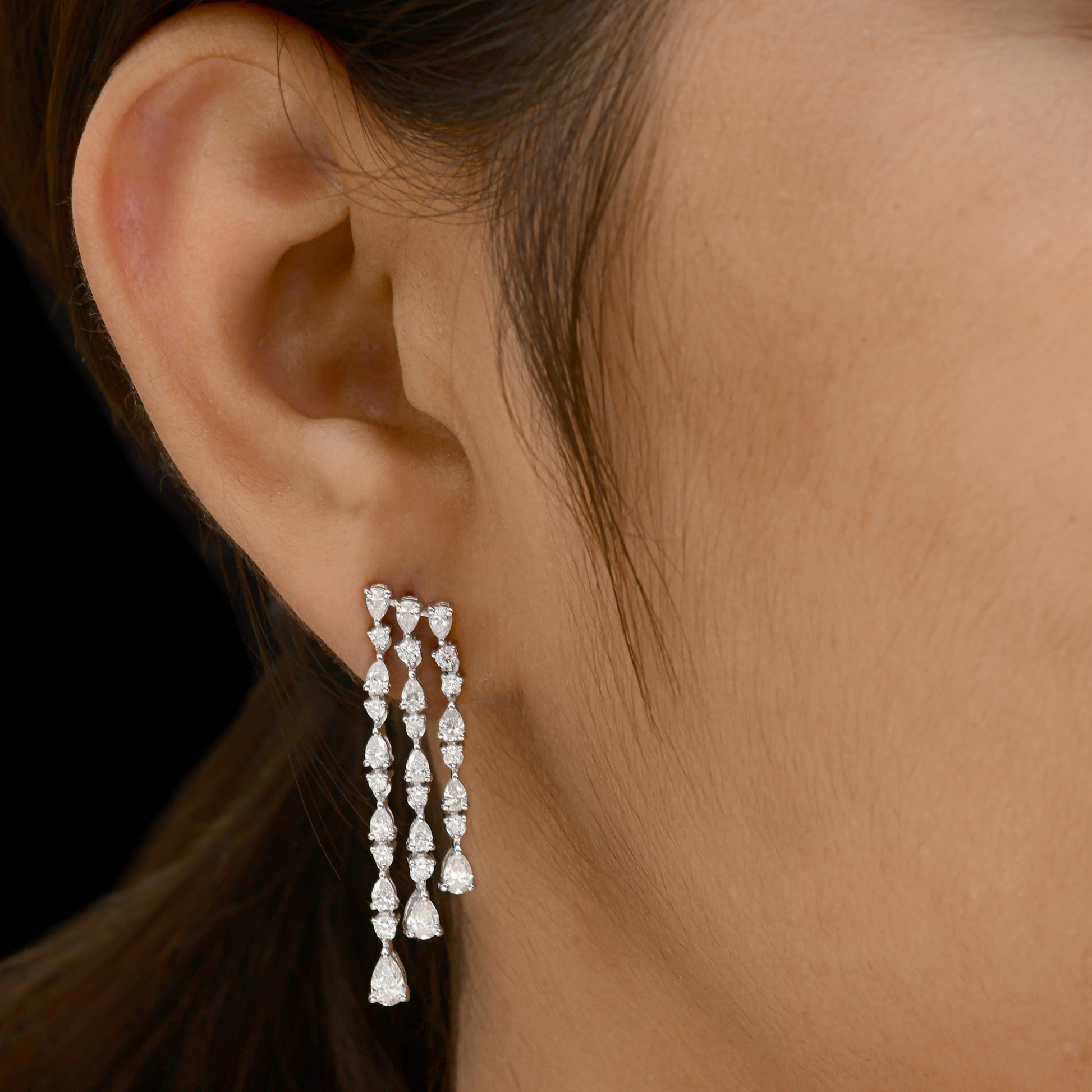 White Gold Three-Strand Diamond Dangle Earrings in 18k Gold