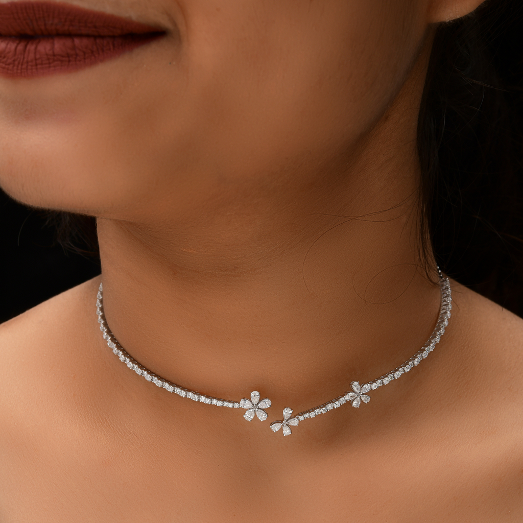 3.28 Carat Floral Natural Diamond Studded Open Cuff Gold Choker Necklace