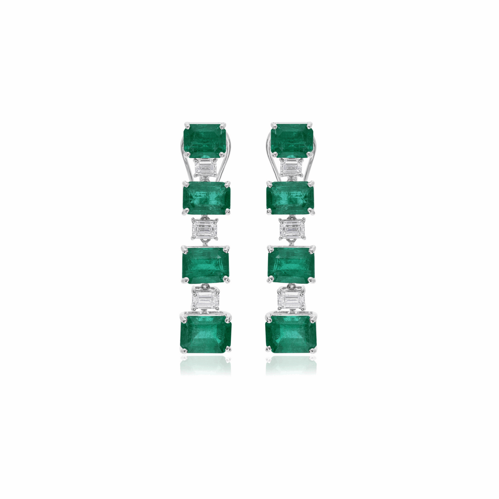Green Emerald & Baguette Diamond Dangle Earrings 18K Gold