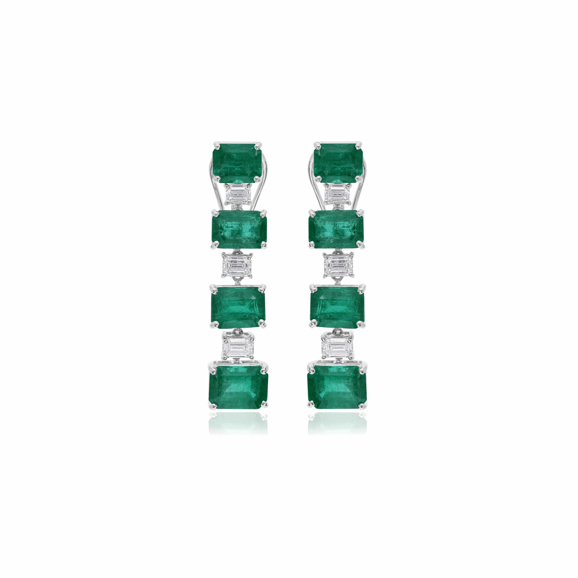Green Emerald & Baguette Diamond Dangle Earrings 18K Gold