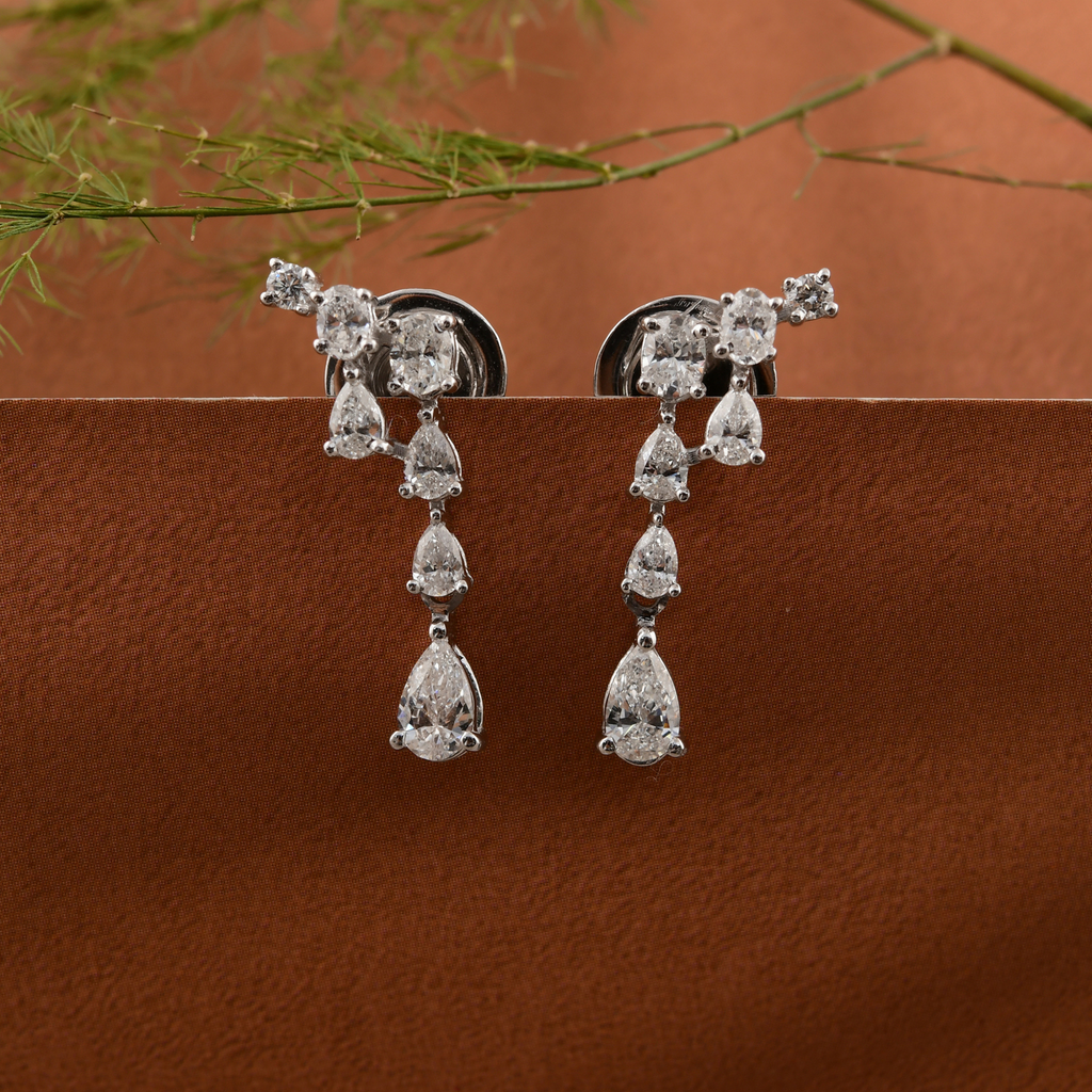18k Gold Delicate Drop Earrings with 0.94 Ct. Pear and Round Diamonds