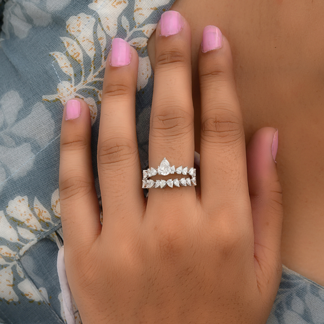 Solid Gold Unique Pear Cut 1.60Ct H Color SI Clarity Natural Diamond Band Engagement Ring