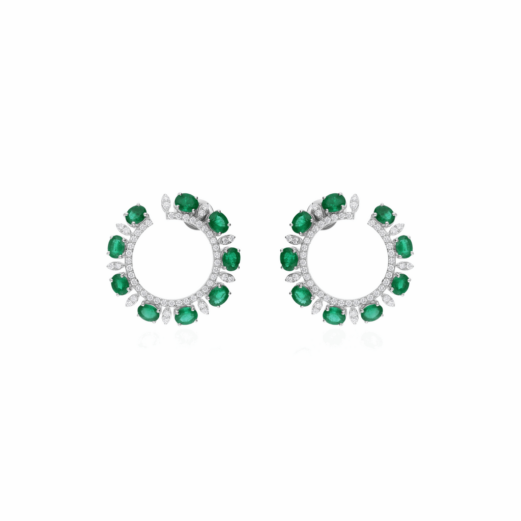 Floral-Inspired Glamorous Emerald & Diamond Studded Hoops Earrings 18K Gold