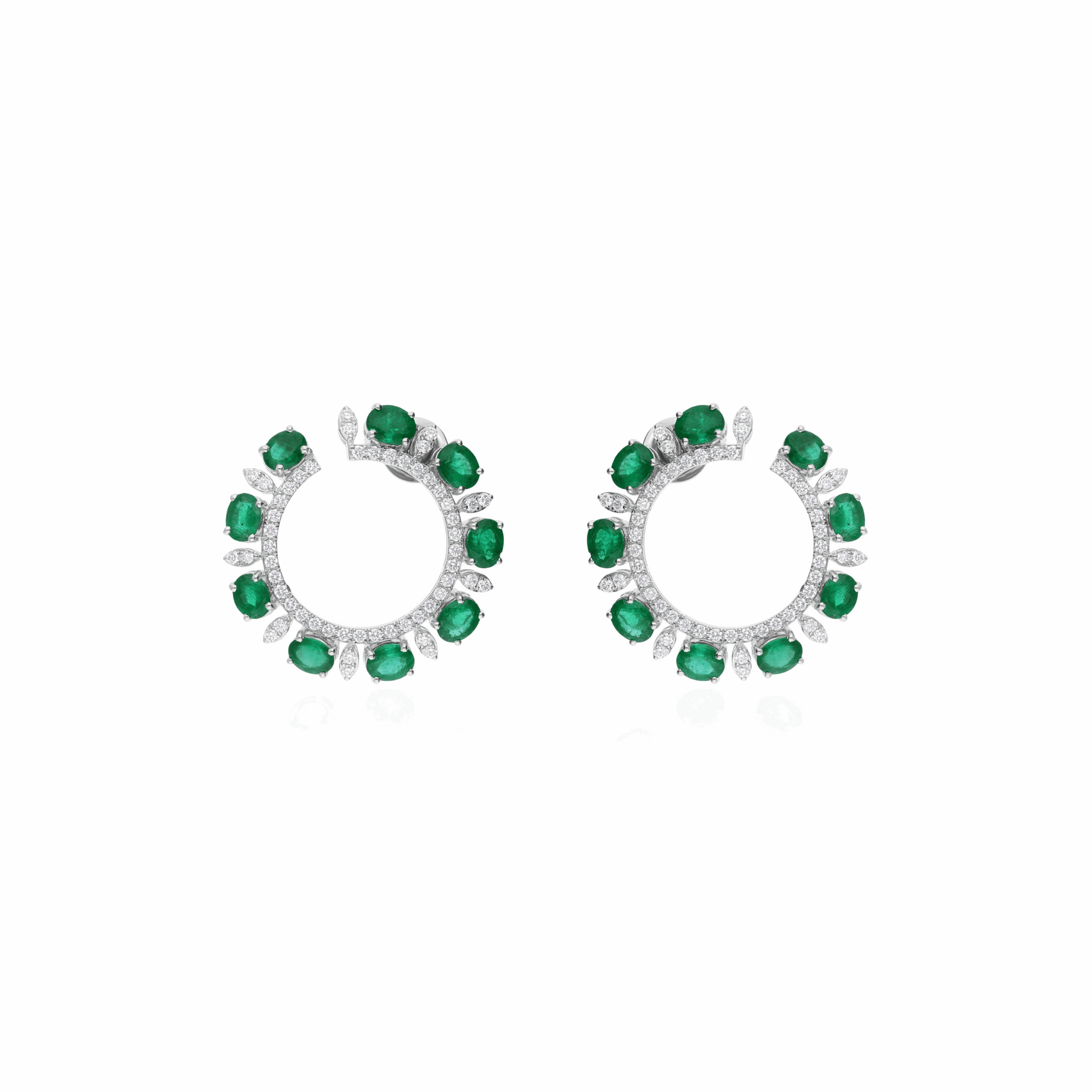 Floral-Inspired Glamorous Emerald & Diamond Studded Hoops Earrings 18K Gold