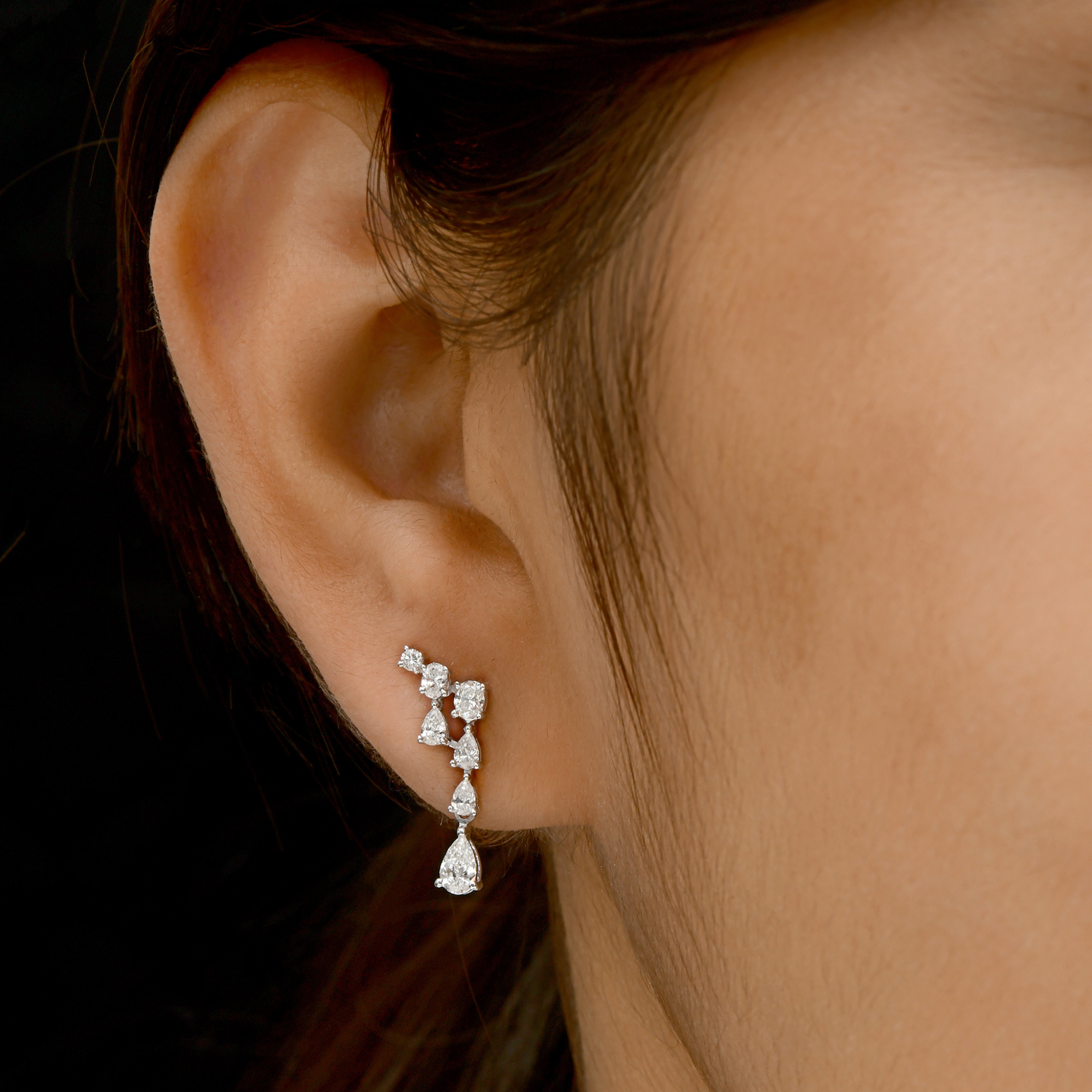 18k Gold Delicate Drop Earrings with 0.94 Ct. Pear and Round Diamonds