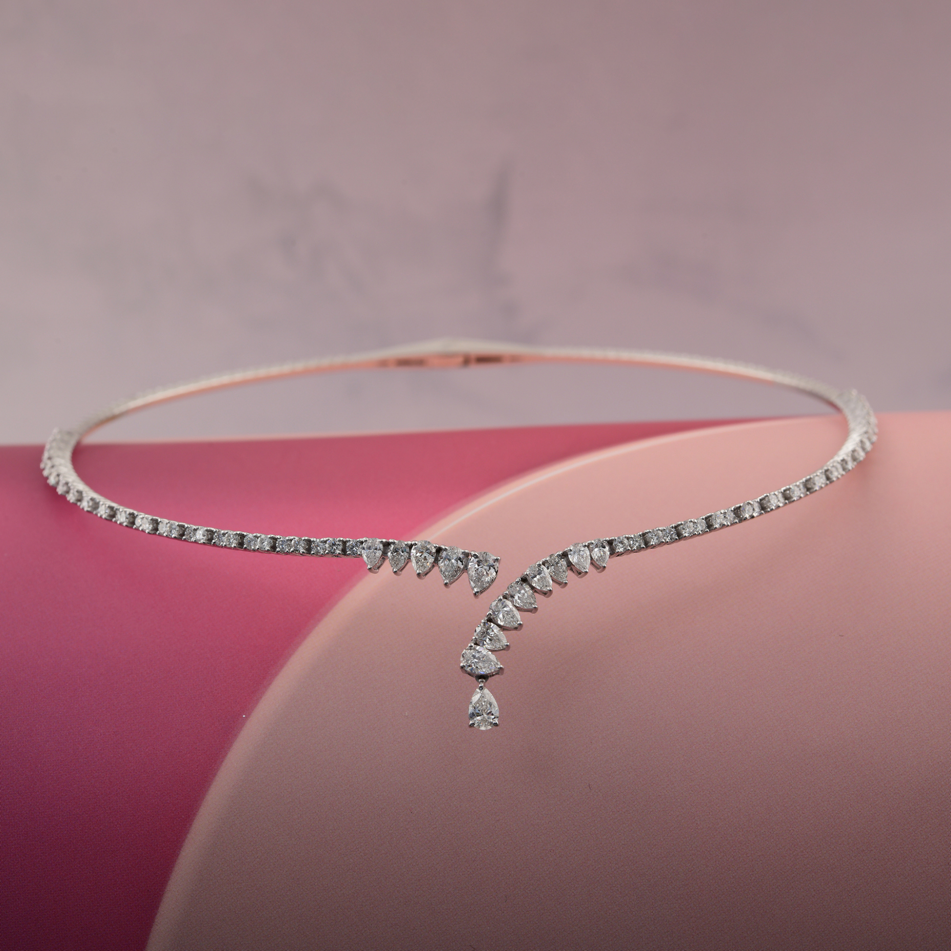 Delicate 3.67 Carat Pear Round Cut Diamond Gold Choker Necklace
