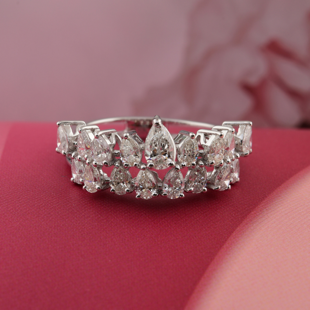 Double Band 1.58 Ct Natural SI/H Solid Gold Pear Diamond Cluster Ring