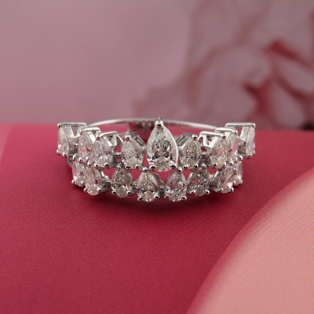 Double Band 1.58 Ct Natural SI/H Solid Gold Pear Diamond Cluster Ring