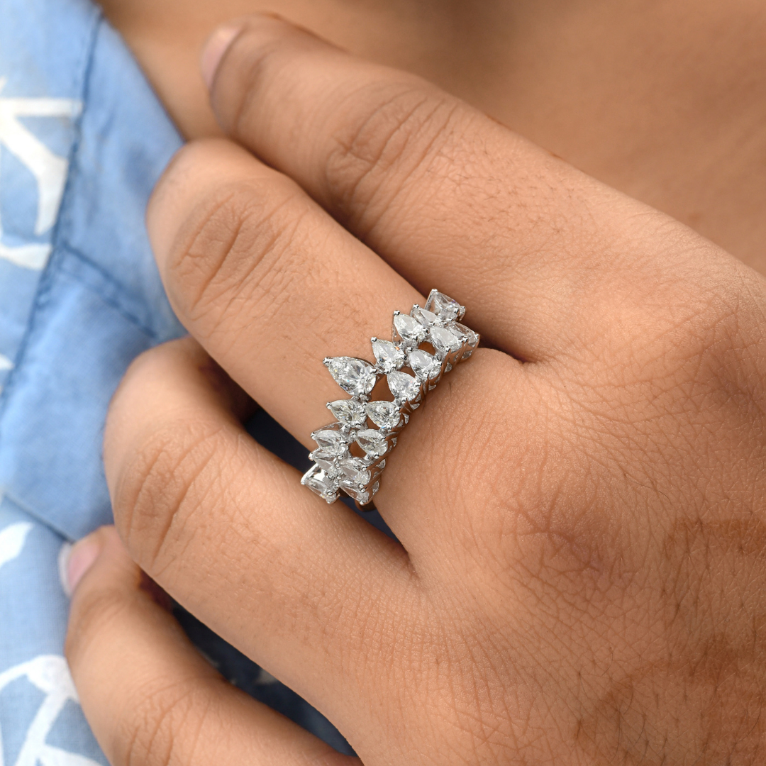 Double Band 1.58 Ct Natural SI/H Solid Gold Pear Diamond Cluster Ring