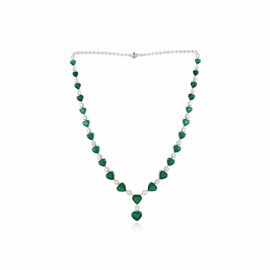 Zambian Emerald Gemstone SI/H Diamond Necklace 18K Solid Gold 42.13 Tcw