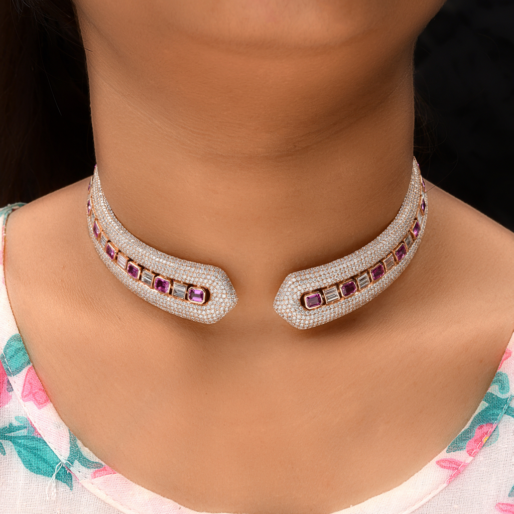 28.67 Tcw Pink Sapphire Gemstone Real HI/SI Diamond Gold Choker Necklace