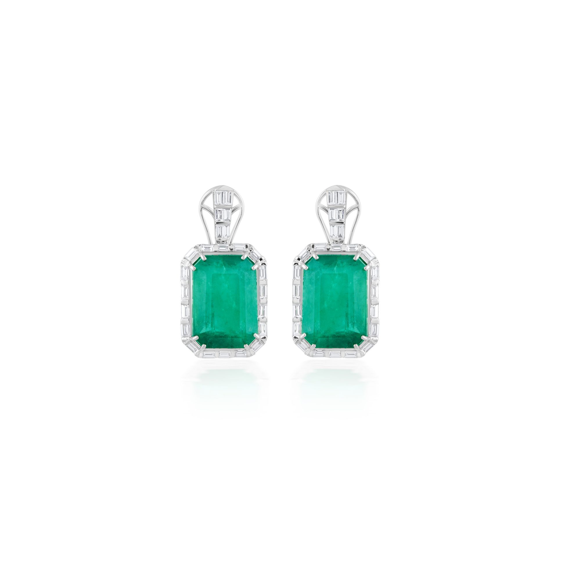 22.04Ct. Natural Zambian Emerald SI/H Baguette Cut Diamond Gold Drop Earrings
