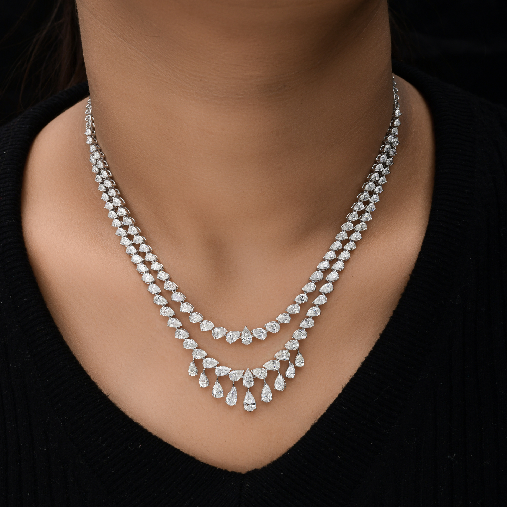 18.80 Carat Handmade Diamond Layering Necklace in Solid Gold Jewelry