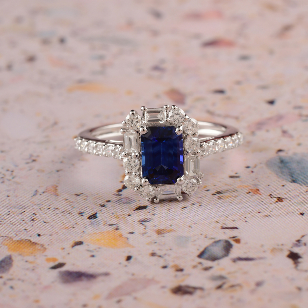Art Deco 1.19Ct. Blue Sapphire Diamond Halo Engagement Fine Gold Ring