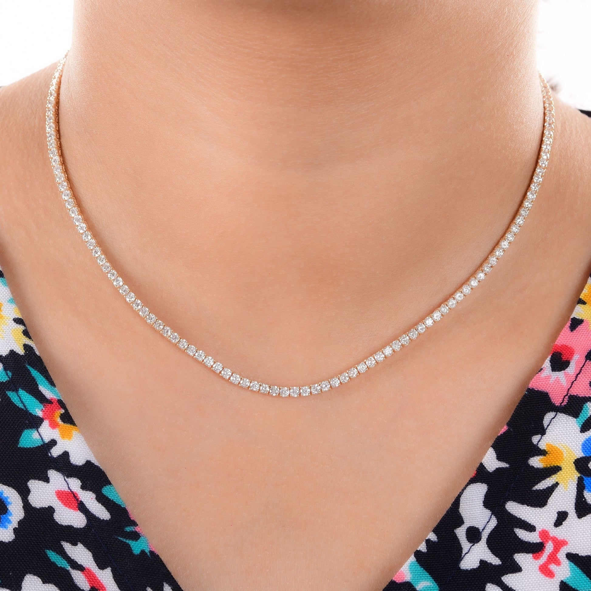 Certified 6.60Ct Classic Solid Gold Natural Round Diamond Tennis Bridal Necklace
