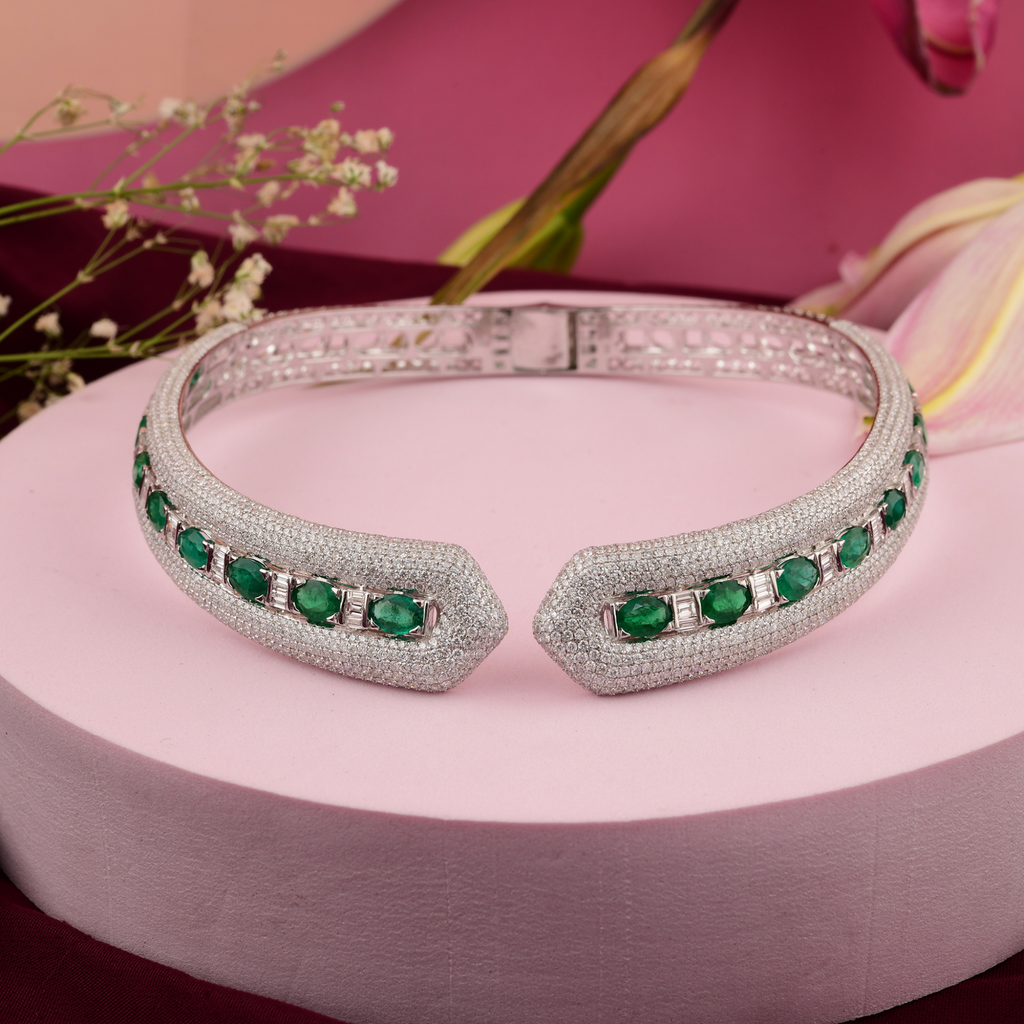 Certified Solid Gold Micro Set Natural Diamond Zambian Emerald Choker Necklace