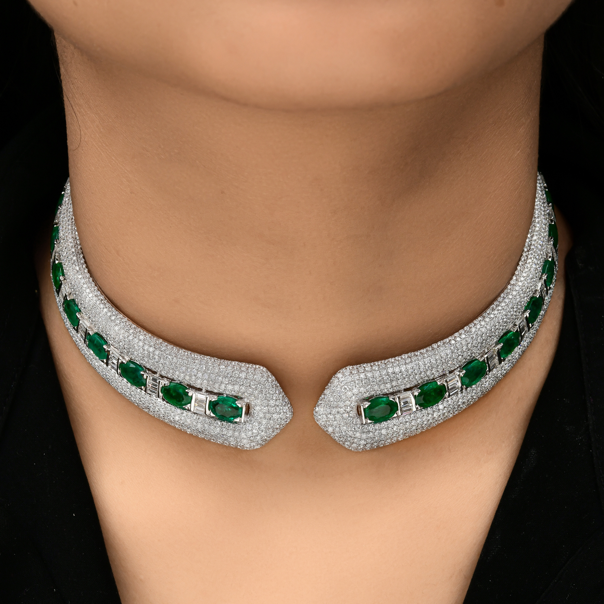 Certified Solid Gold Micro Set Natural Diamond Zambian Emerald Choker Necklace