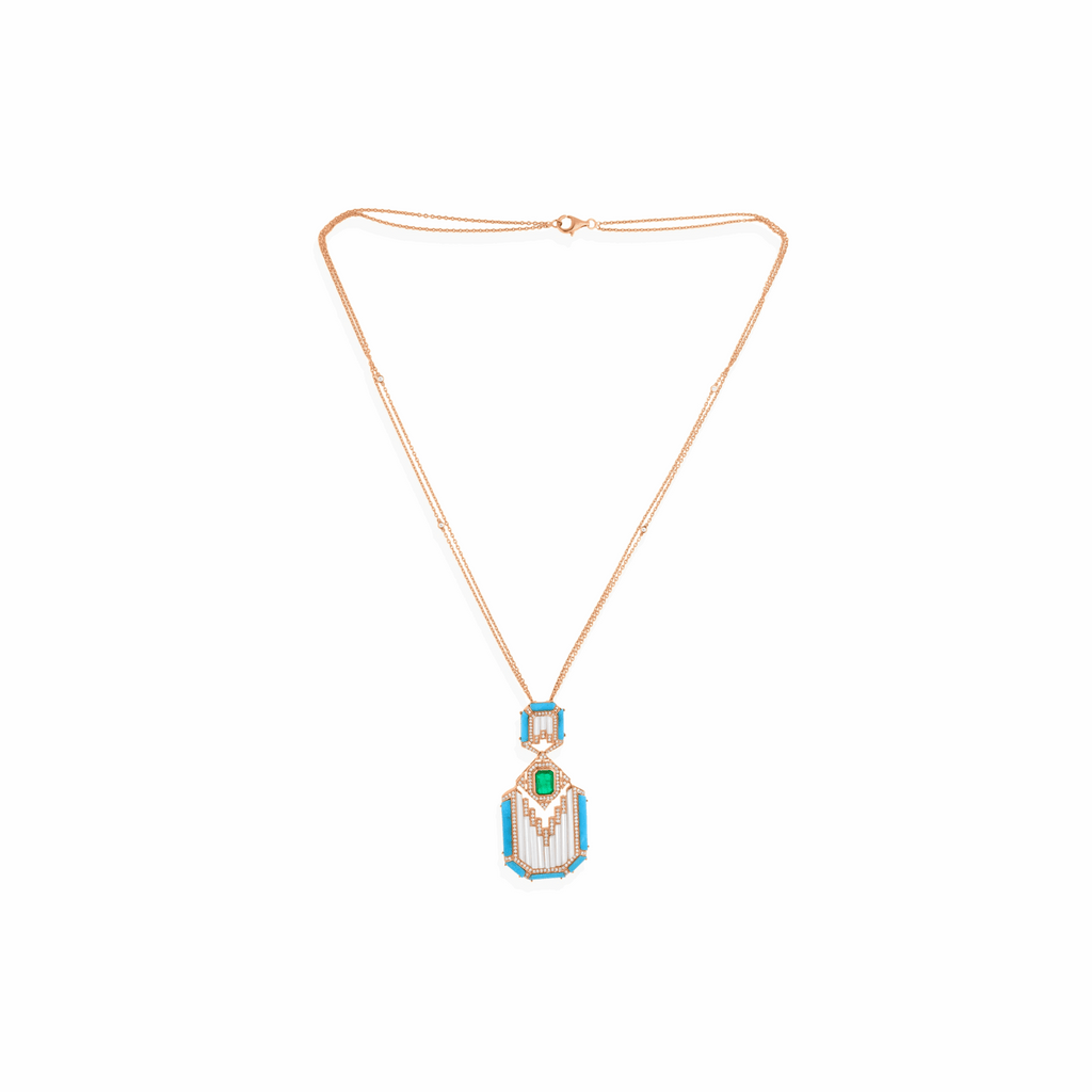 SI/H Diamond Mother of Pearl Turquoise Emerald Pendant Necklace 18K Gold