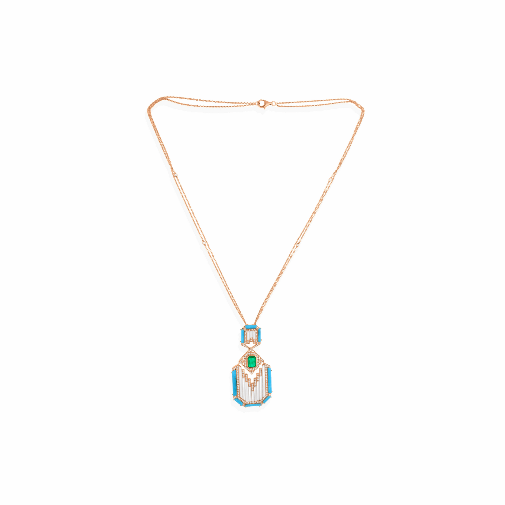 SI/H Diamond Mother of Pearl Turquoise Emerald Pendant Necklace 18K Gold
