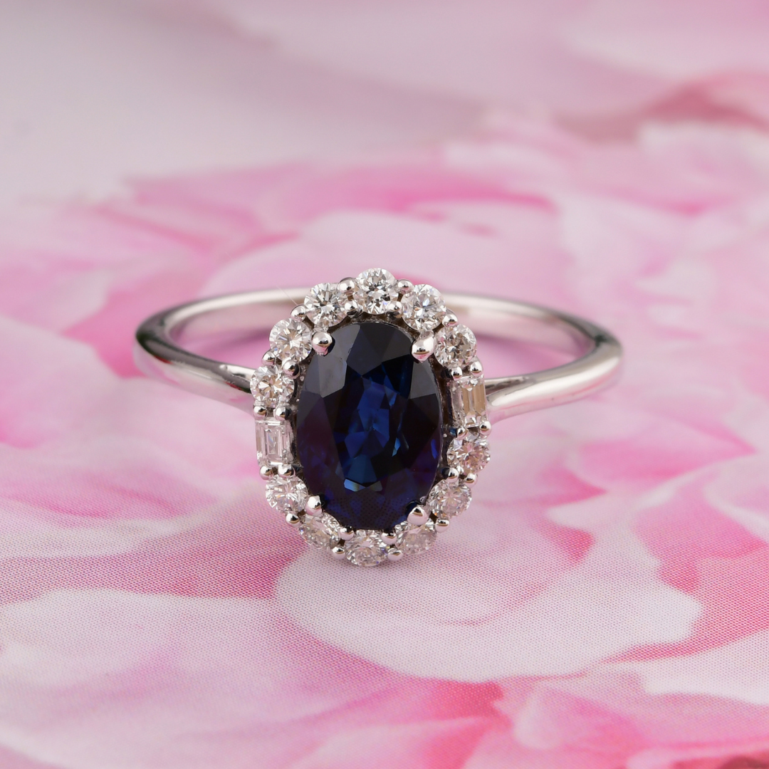 Solid Gold 1.9 Carat Blue Sapphire Diamond Anniversary Halo Fine Ring