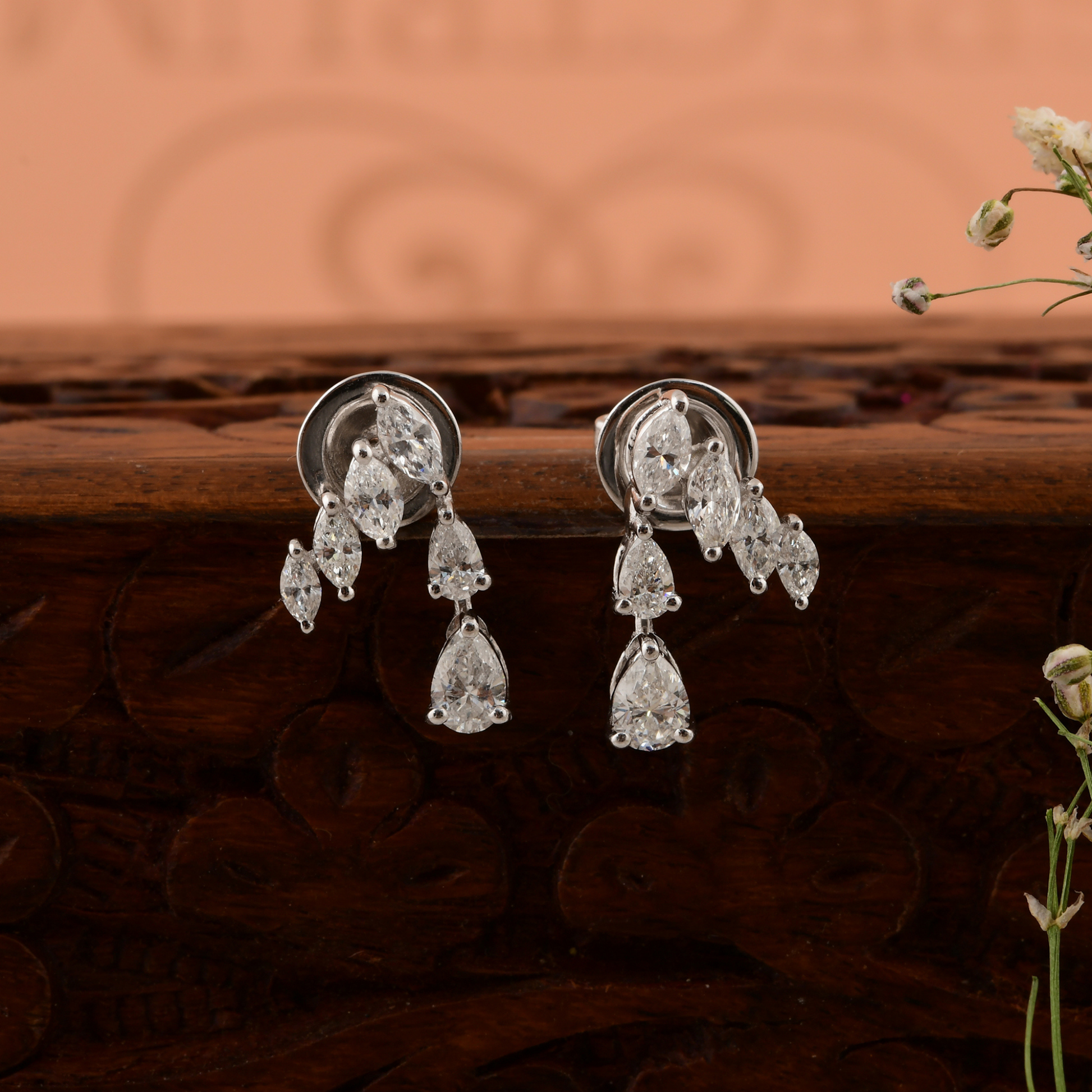 1.23 Ct. Diamond Elegant Marquise Cluster Earrings with Pear-Shaped Drops in 18k Gold