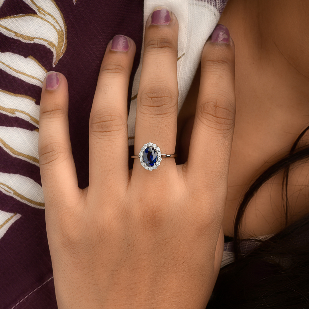 Solid Gold 1.9 Carat Blue Sapphire Diamond Anniversary Halo Fine Ring