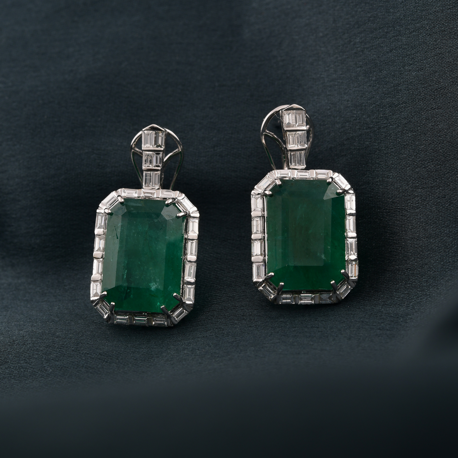 22.04Ct. Natural Zambian Emerald SI/H Baguette Cut Diamond Gold Drop Earrings