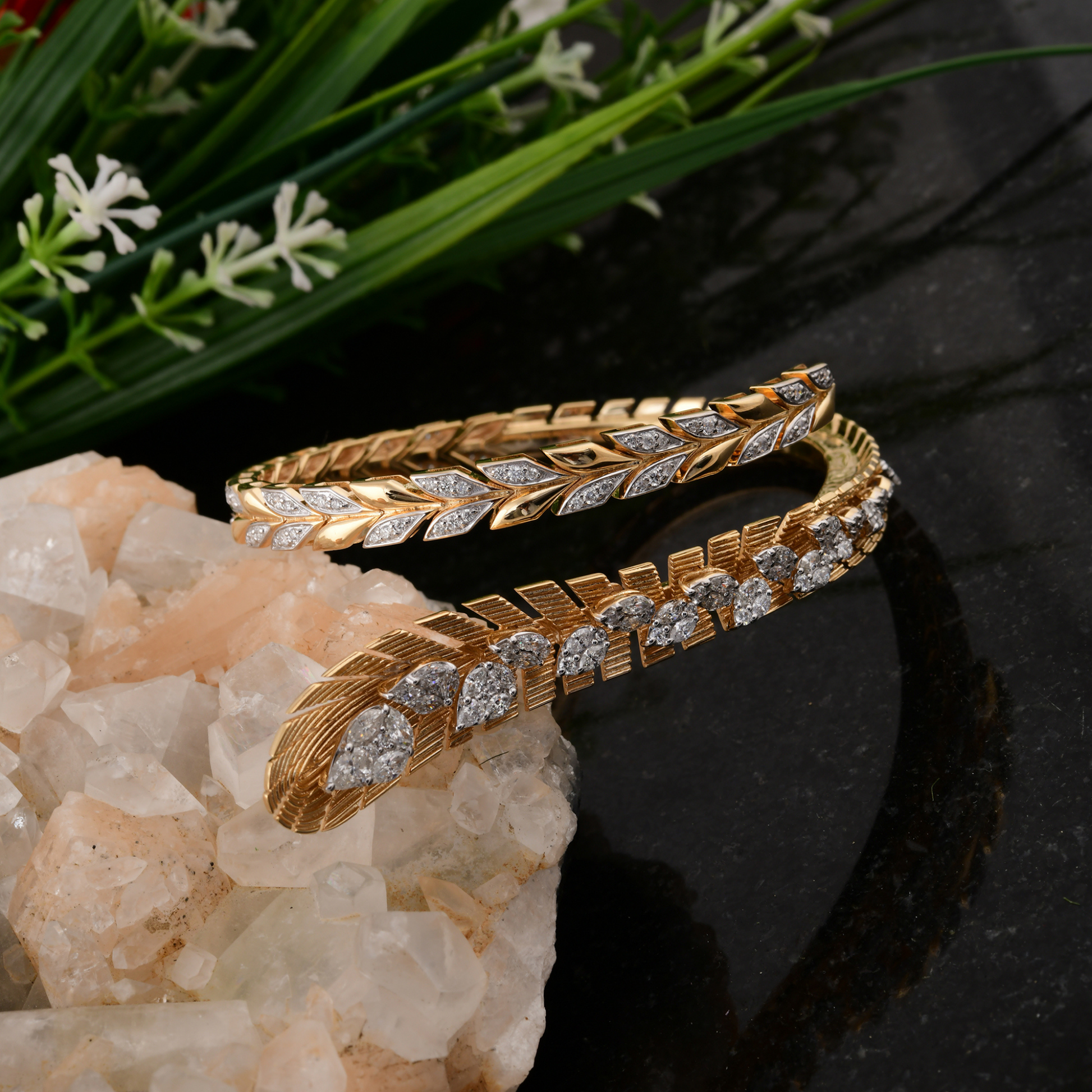 Fine Gold Leaf Wrap Bangle Bracelet with 2.56 Carat Natural Pear & Marquise Diamonds