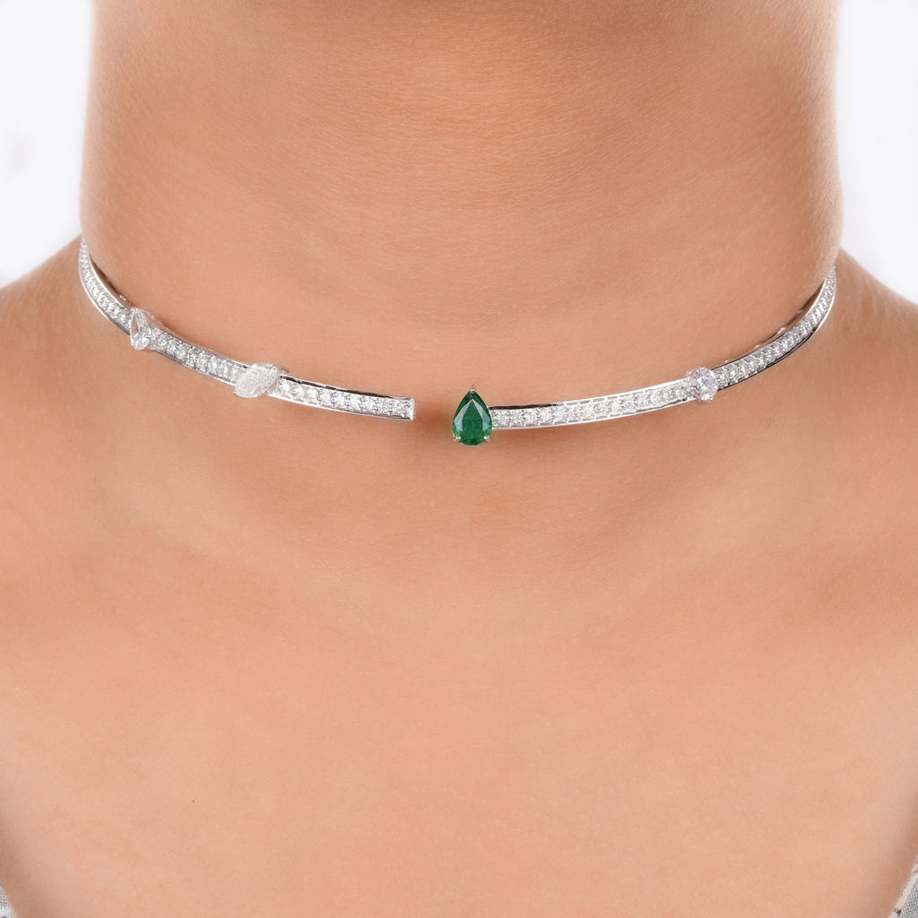 Zambian Emerald SI/H Diamond Choker Necklace in Solid Gold