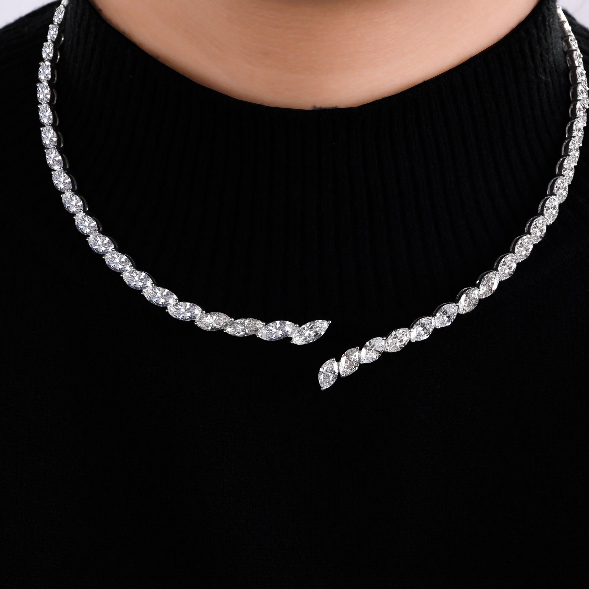 Marquise Cut Natural Diamond Front Open Choker Necklace in Fine Gold