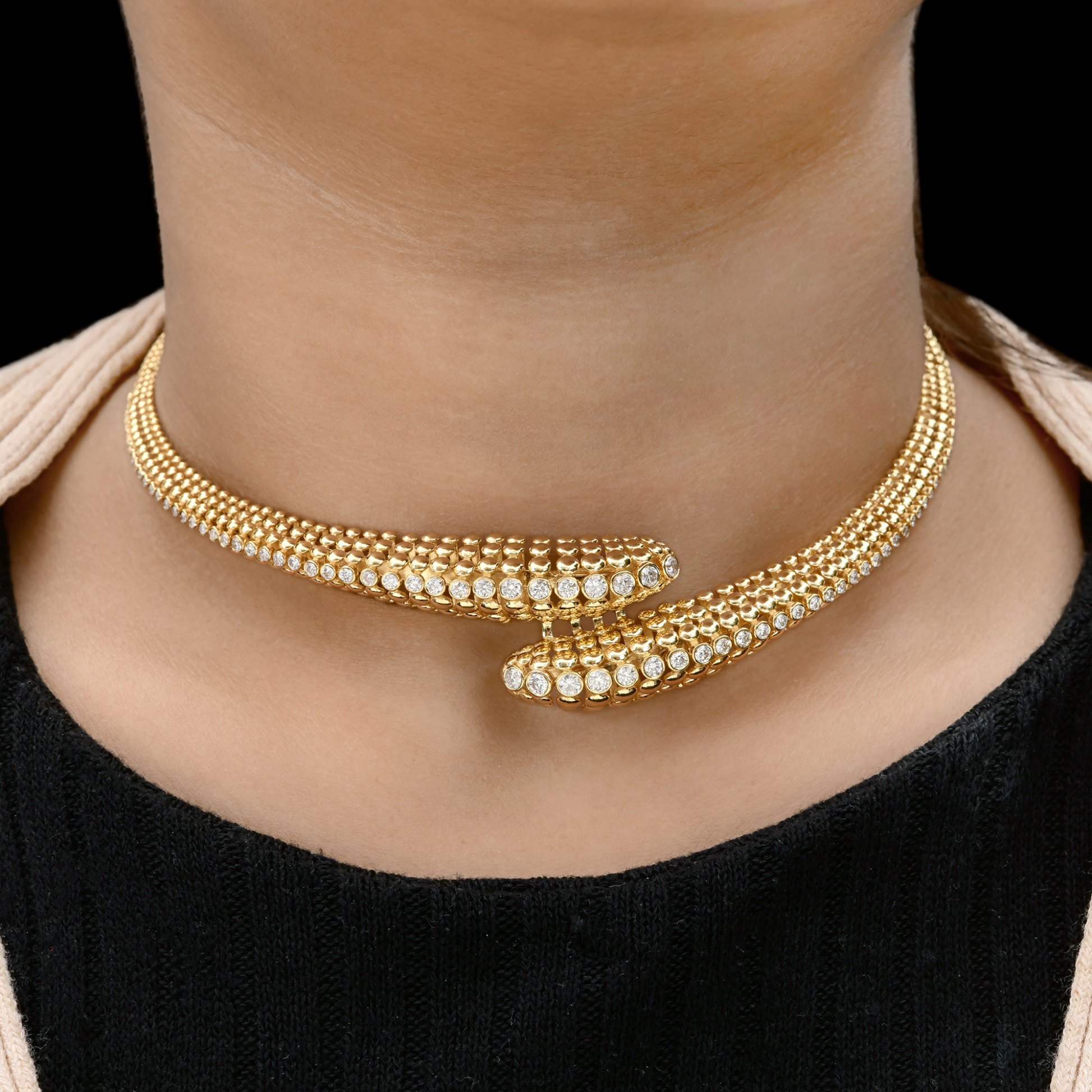 Snake Beaded 2.50 Carat Real SI/H Round Diamond Gold Choker Necklace