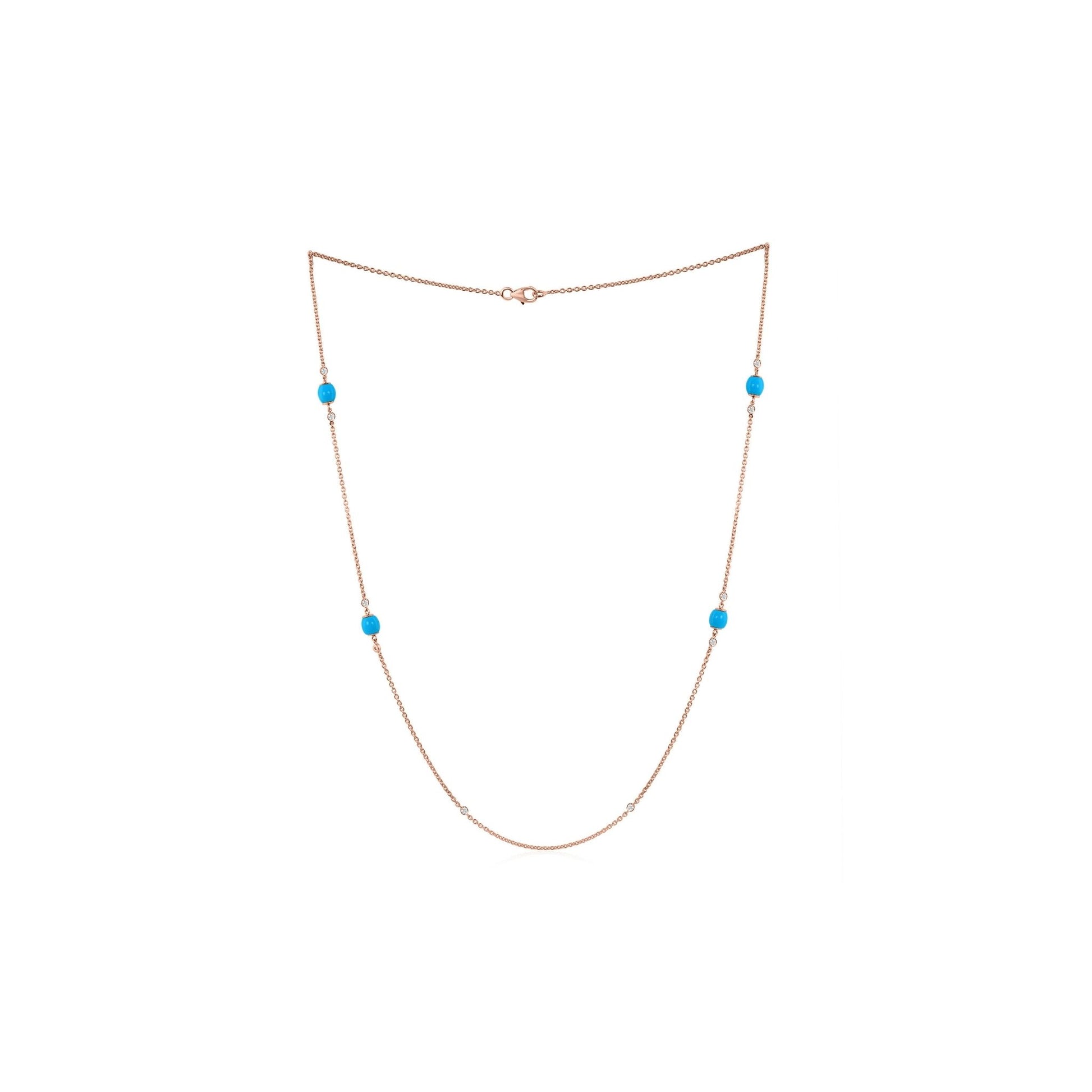 Natural 5.19 Tcw Diamond Turquoise Beaded Necklace in Fine Gold Chain