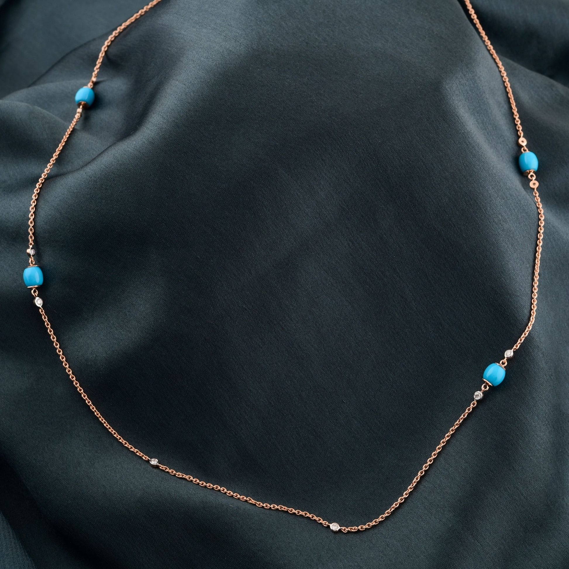 Natural 5.19 Tcw Diamond Turquoise Beaded Necklace in Fine Gold Chain