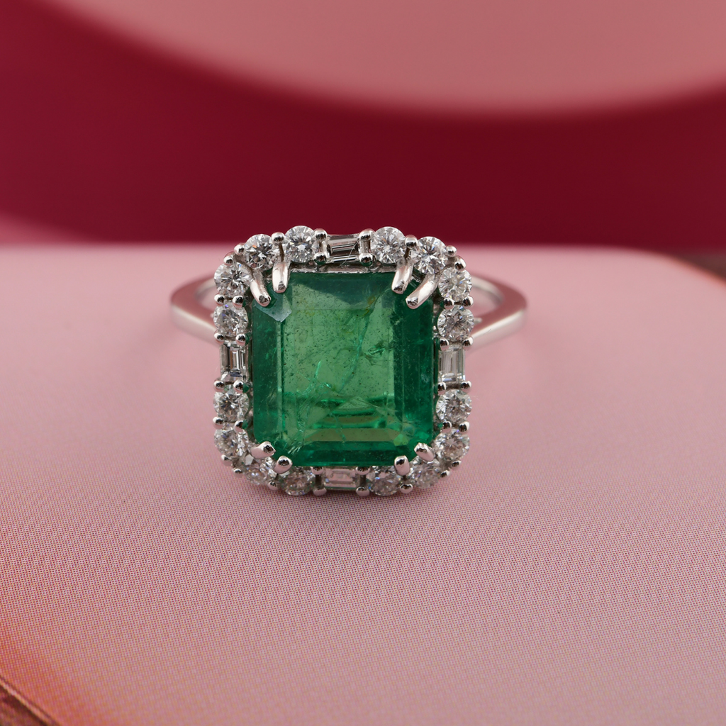 Real Gold 4.92Tcw Zambian Emerald Natural Diamond Promise Wedding Halo Ring
