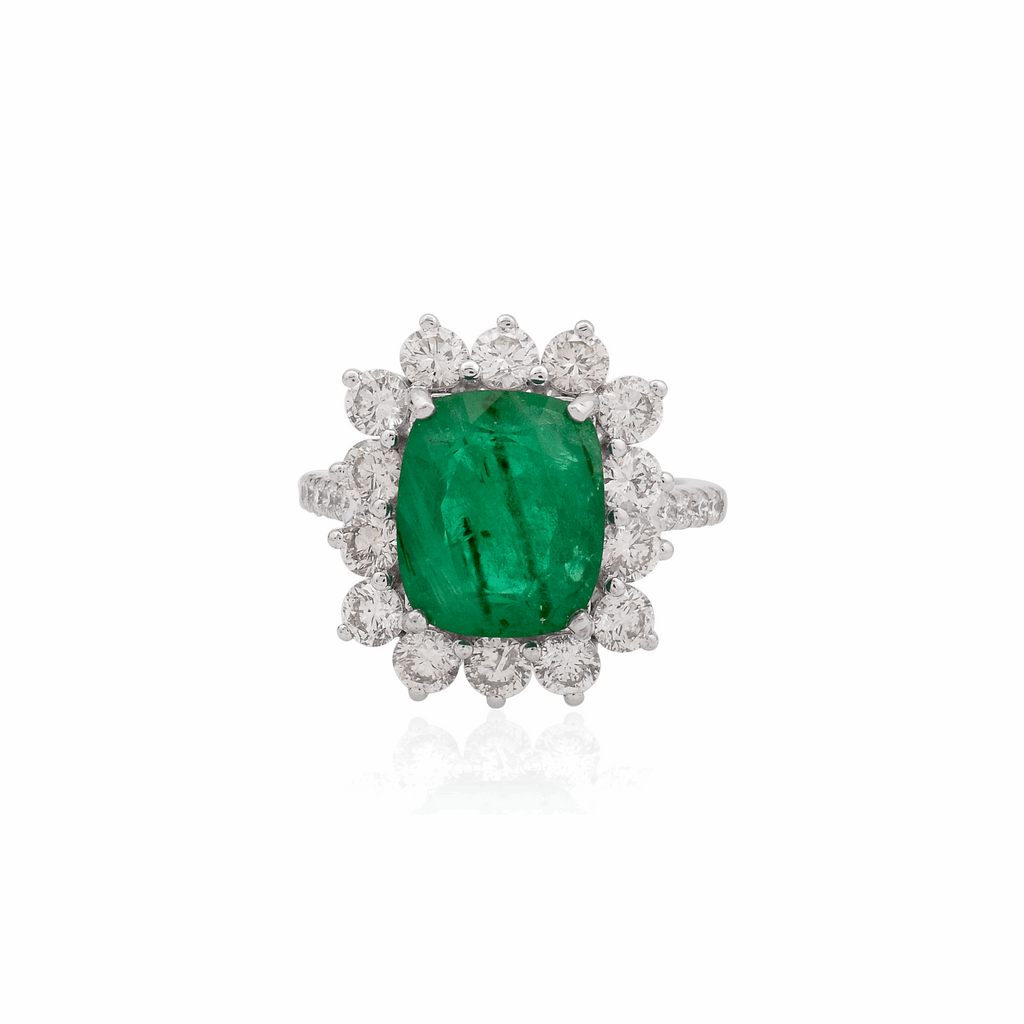 Cushion Cut Natural Emerald & Pave Diamond Halo Ring in 18K Fine Gold